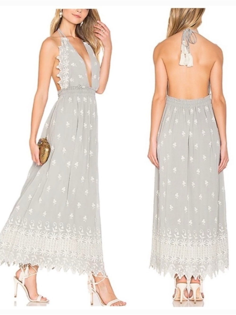 LoveShackFancy Isabel Dusty Sage Embroidered Backless Halter Maxi Dress